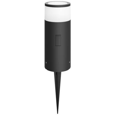 Schwarze LED-Gartenleuchte mit Erdspieß, zylindrische Form, diffus leuchtender Kopf, geeignet zur Außenbeleuchtung und Wegmarkierung.