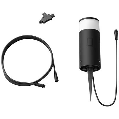 Ein zylindrisches, schwarzes Außengerät mit Erdspieß, Kabel und Anschlussstück. Es wird wahrscheinlich zur Beleuchtung verwendet.