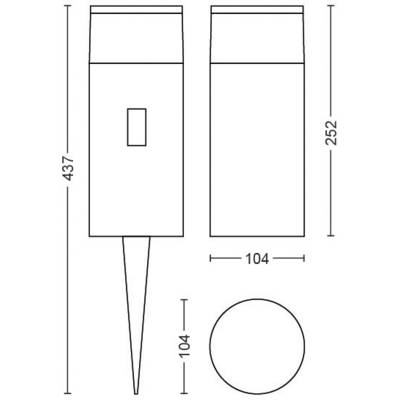 Technische Zeichnung eines schlanken Zylinders mit Kappe, Spitze unten. Maße: Höhe 437mm, Breite 104mm. Seitenansicht und Oberansicht gezeigt.
