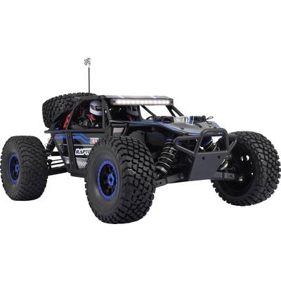 Ein ferngesteuertes Auto im Offroad-Stil mit großen Reifen und Federung, darauf sind zwei Figuren als Fahrer zu sehen.