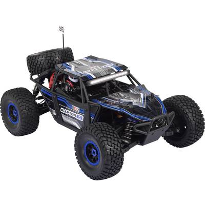 RC-Auto im Offroad-Stil mit großen Reifen und blauer, schwarzer Lackierung. Robust und sportlich, mit detailliertem Design.