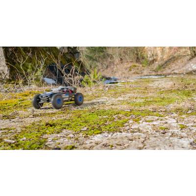 Ein ferngesteuertes Auto fährt schnell über einen moosbedeckten, steinigen Weg in einem Waldgebiet. Bäume und Büsche im Hintergrund.