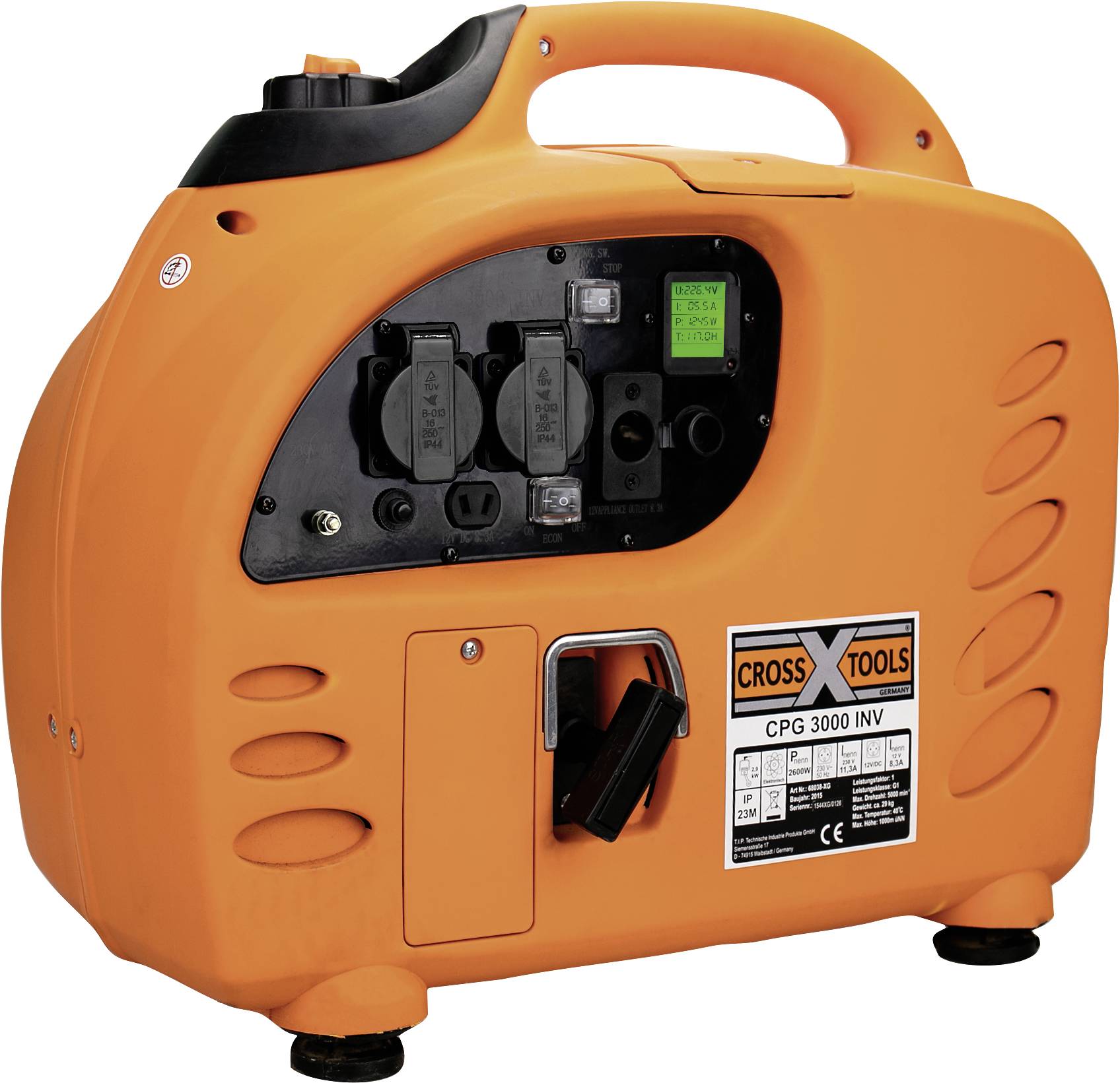 Ein tragbarer, orangefarbener Stromgenerator mit schwarzem Griff. Auf der Seite sind Anschlüsse und ein Etikett mit Modellinformationen.