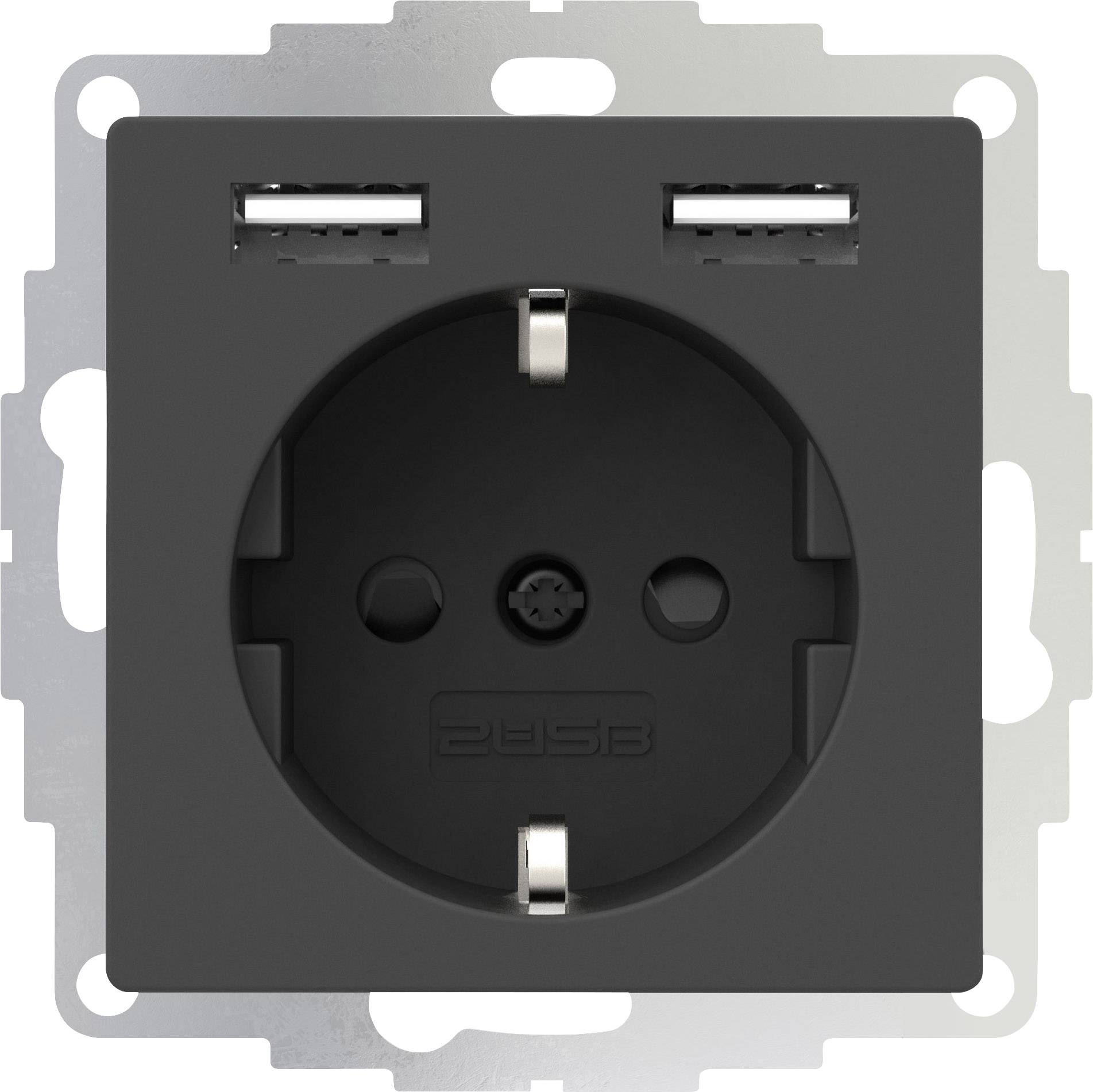 Eine schwarze Steckdose mit zwei USB-Anschlüssen oben. Sie ist quadratisch und mit silbernen Halterungen versehen.