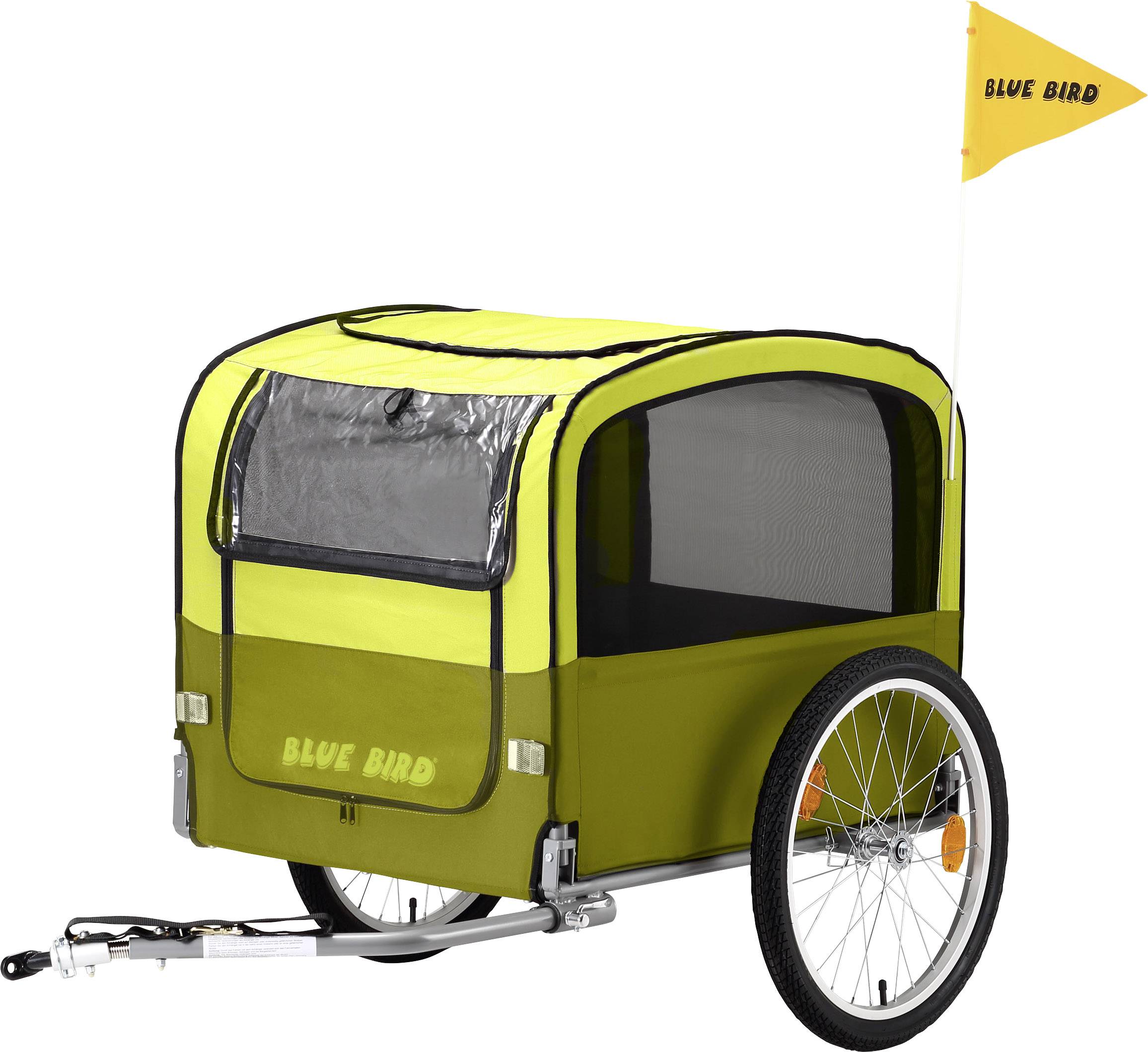 Ein leuchtend gelber und grüner Fahrradanhänger mit zwei Rädern und einem kleinen gelben Fähnchen mit der Aufschrift 'BLUE BIRD'.