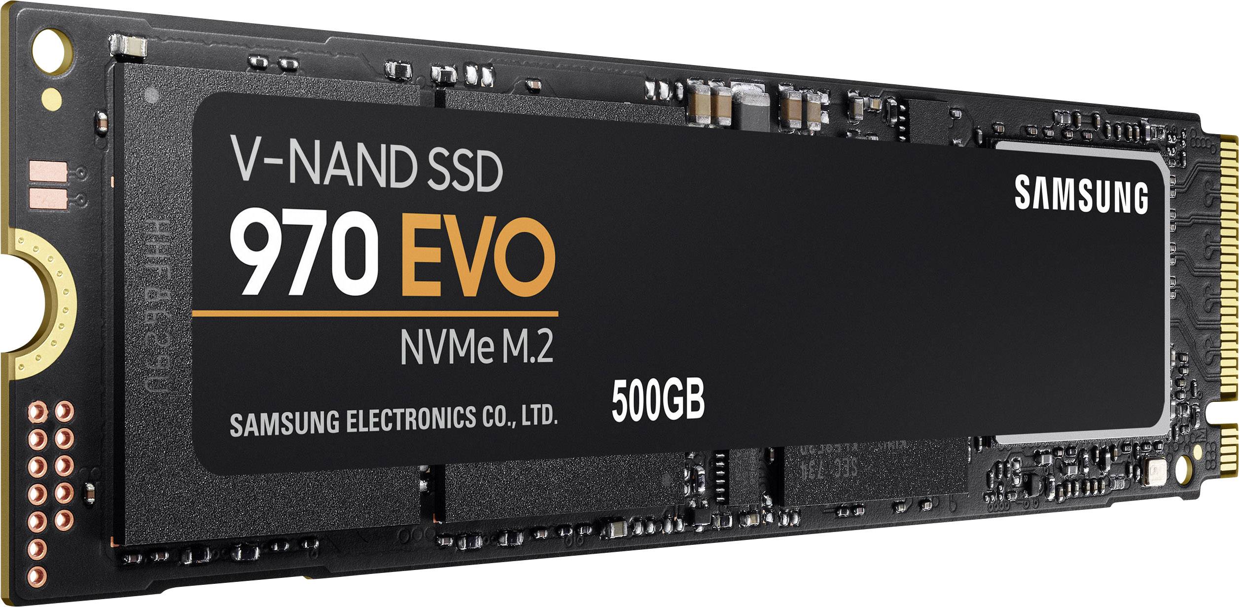 SSD-Speicherkarte 'Samsung 970 EVO' mit 500 GB Kapazität und V-NAND-Technologie.