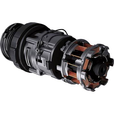 Ein elektrischer Motor mit sichtbaren Kupferspulen und einem schwarzen Gehäuse. Dieses Bauteil wird oft in Maschinen und Fahrzeugen verwendet.