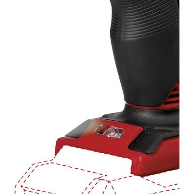 Ein schwarzer und roter Griff eines elektrischen Werkzeugs, unten mit Ansätzen für eine Energieversorgung.