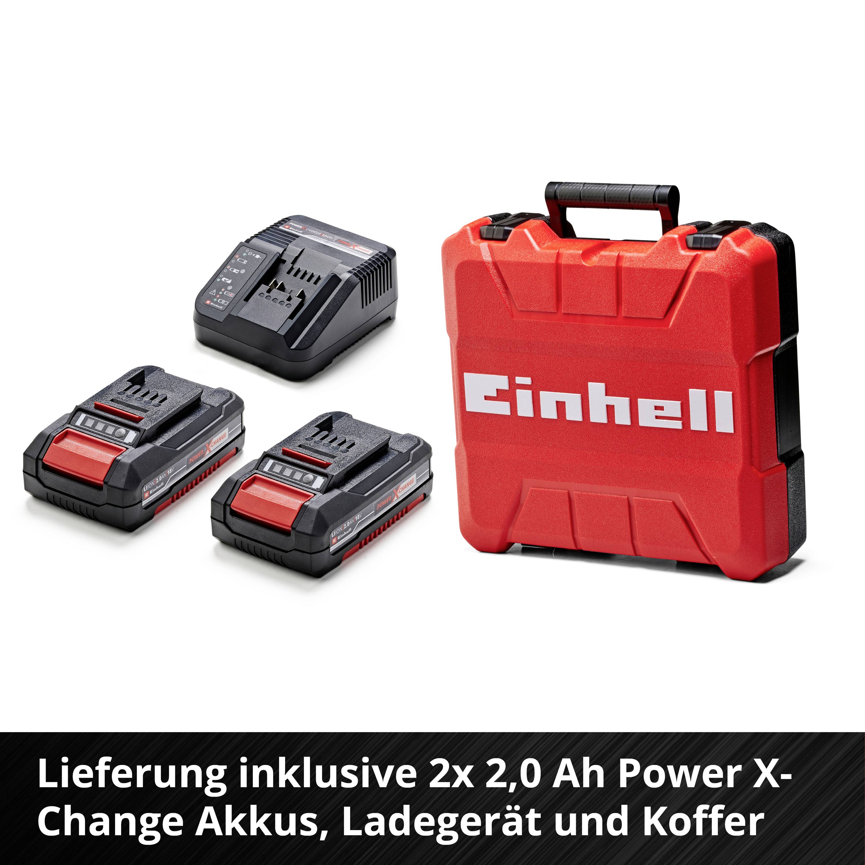 'Einhell' Werkzeugset mit zwei Akkus, Ladegerät und rotem Koffer. Lieferung enthält 2x 2,0 Ah Power X-Change Akkus.