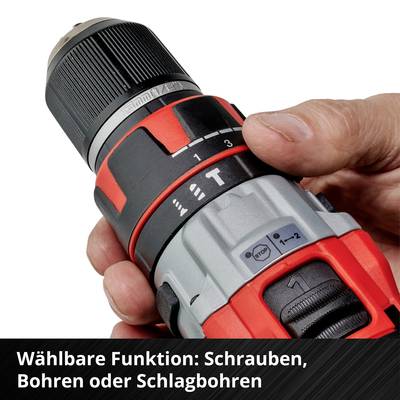 Akkubohrer mit Drehrichtungseinstellung, wird von einer Hand gehalten. Text: 'Wählbare Funktion: Schrauben, Bohren oder Schlagbohren'.
