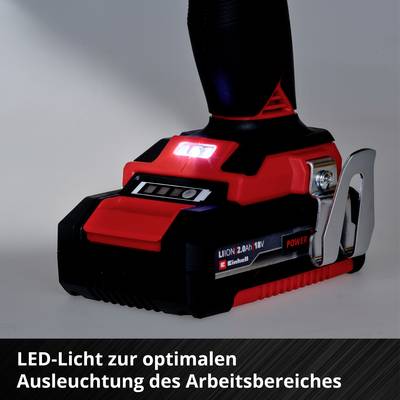 Ein Akkuschrauber mit rotem Gehäuse ist teilweise beleuchtet. Ein LED-Licht an der Basis sorgt für eine bessere Sichtbarkeit beim Arbeiten.