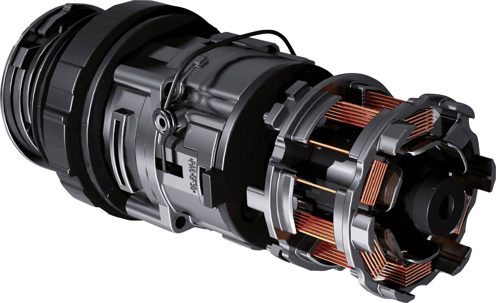 Ein schwarzer elektromagnetischer Motor mit Kupferspulen und silbernen Elementen, zeigt komplexe mechanische Details und Technik.