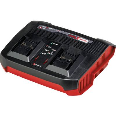 Zwei Einhell Akkuladegeräte mit je zwei Ladeschächten auf schwarzem und rotem Gehäuse. Ideal für Power X-Change Akkusysteme.