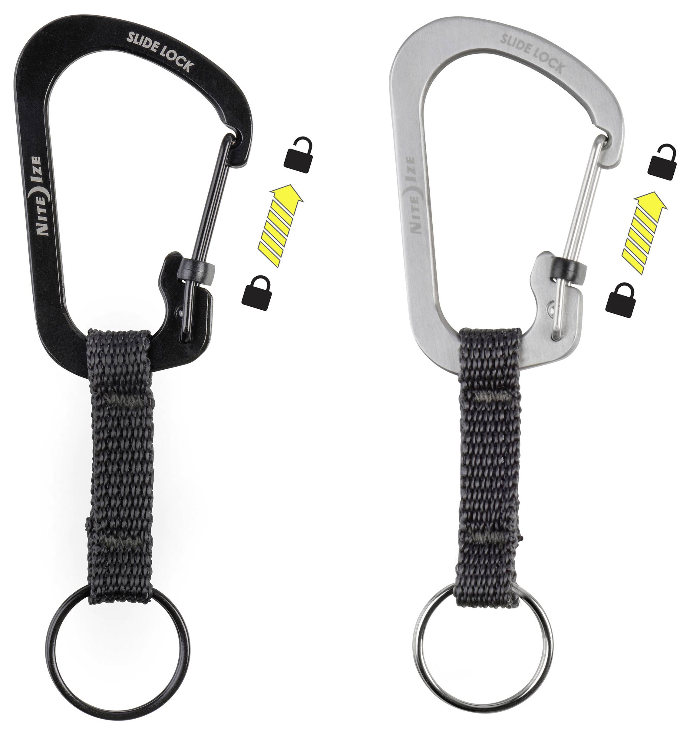 Zwei Karabiner mit Schiebeverschluss, einer schwarz und einer grau, mit Schlüsselringen. Gelbe Schloss-Symbole zeigen den Verschlussmechanismus an der Seite an.