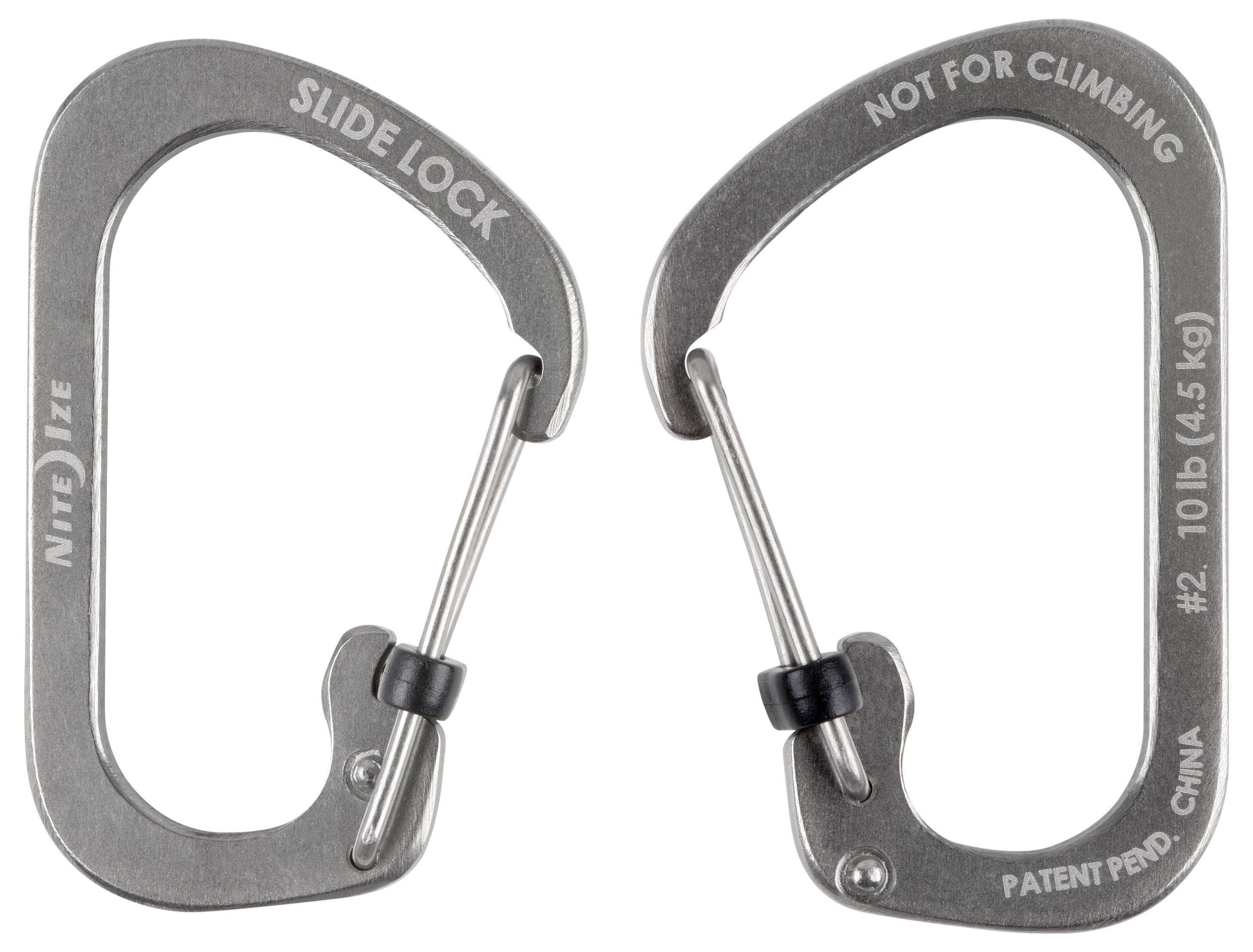 Zwei Metallkarabiner mit den Aufschriften 'Nite Ize' und 'Slide Lock', gekennzeichnet mit 'Nicht zum Klettern' und '#2, 10 lb (4,5 kg)', auf einem weißen Hintergrund.