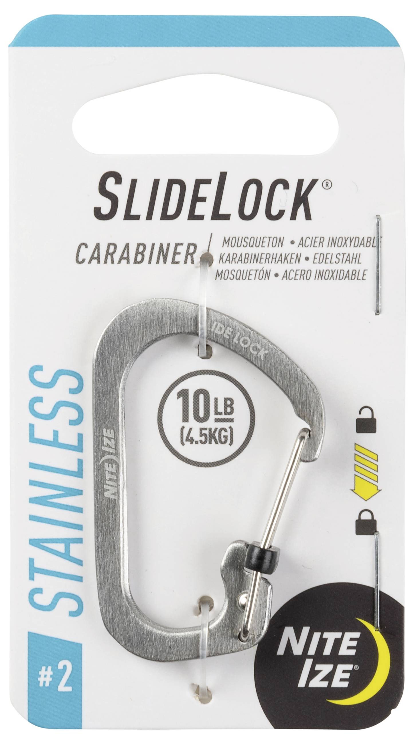 Ein Karabiner aus Edelstahl von Nite Ize, ausgelegt für eine Tragfähigkeit von 10 lb (4,5 kg), in seiner Verpackung mit der Bezeichnung "SlideLock #2" abgebildet.