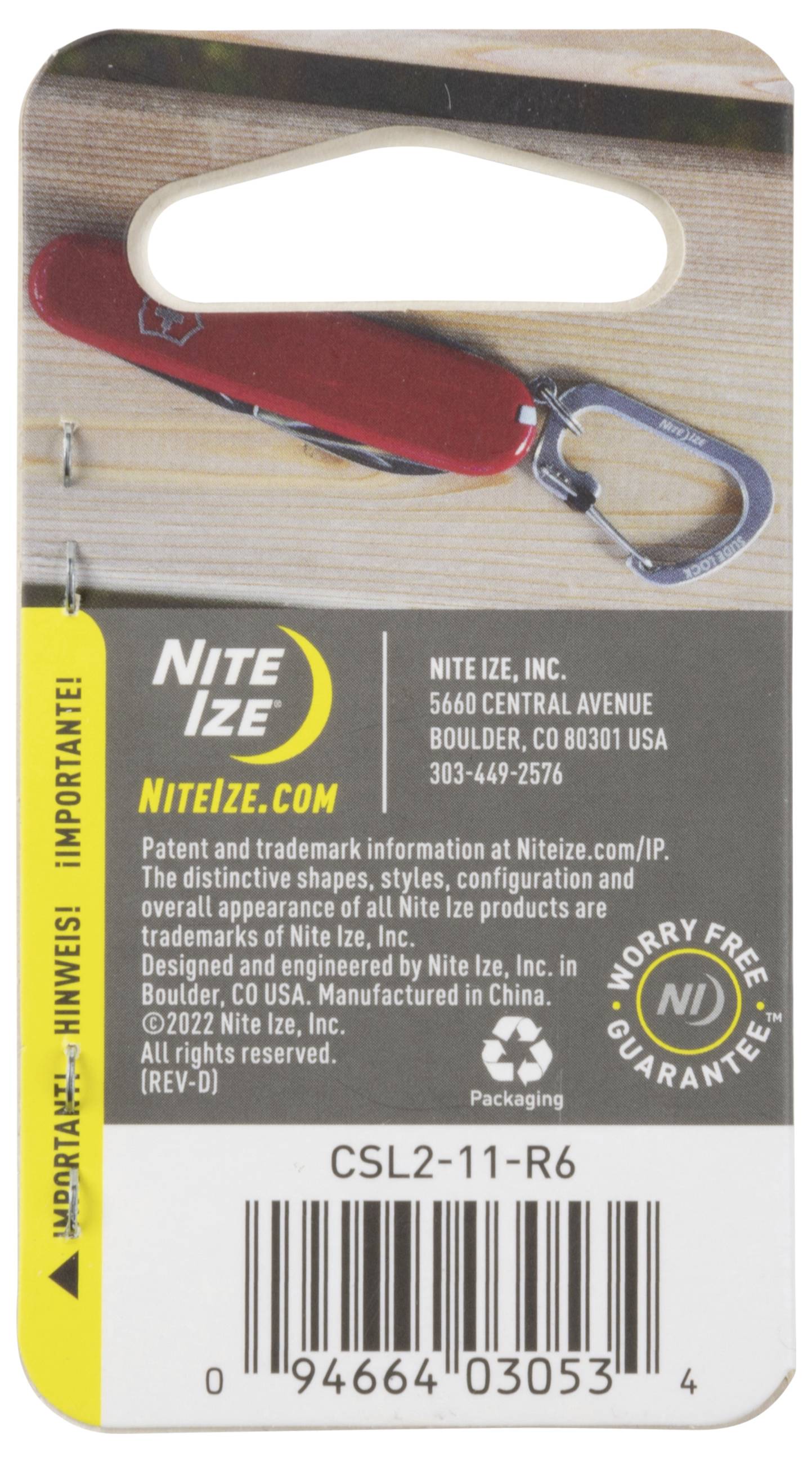 'CSL2-11-R6' Nite Ize roter Schlüsselanhänger-Multitool auf Verpackung mit Kontaktinformationen und 'Mängel-Garantie'-Symbol.