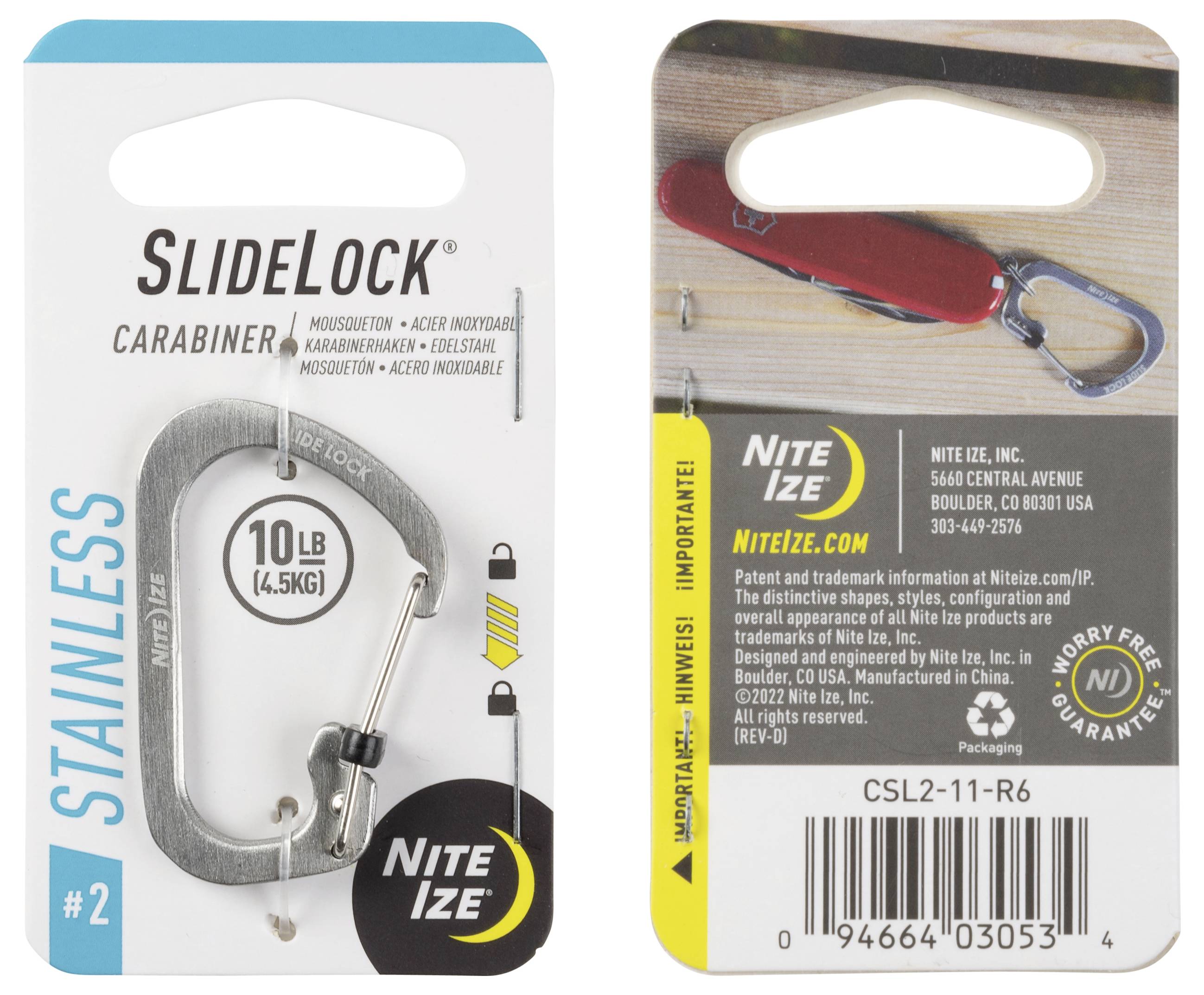 SlideLock Karabiner #2" Verpackung mit Karabiner und 10 Pfund Tragfähigkeit. Rückseite enthält Produktinformationen und Kontaktdaten von Nite Ize.