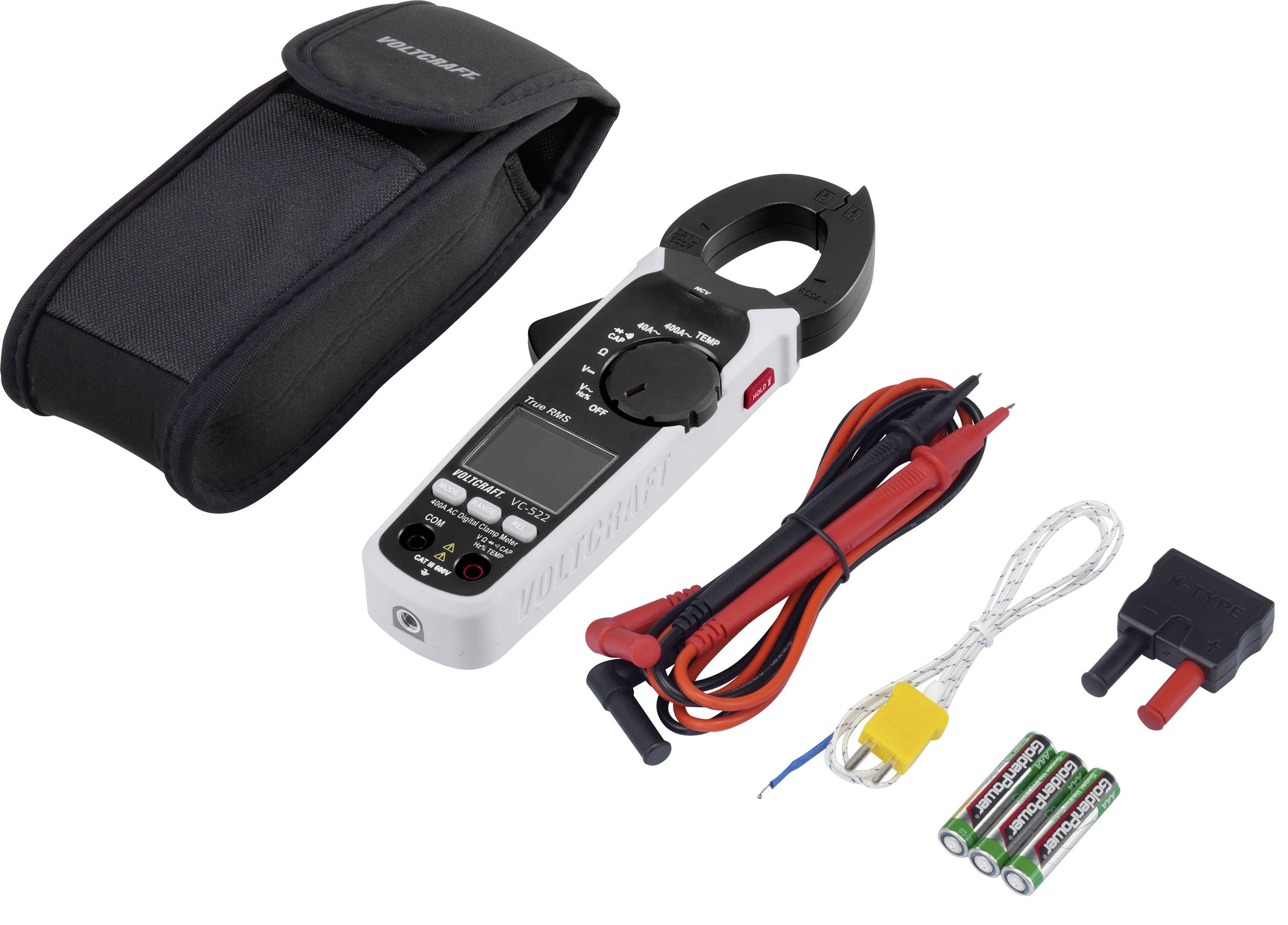 Digitales Multimeter mit Zubehör: Tragetasche, Messleitungen, Batterien und Temperaturfühler.用于 elektrische Messungen.