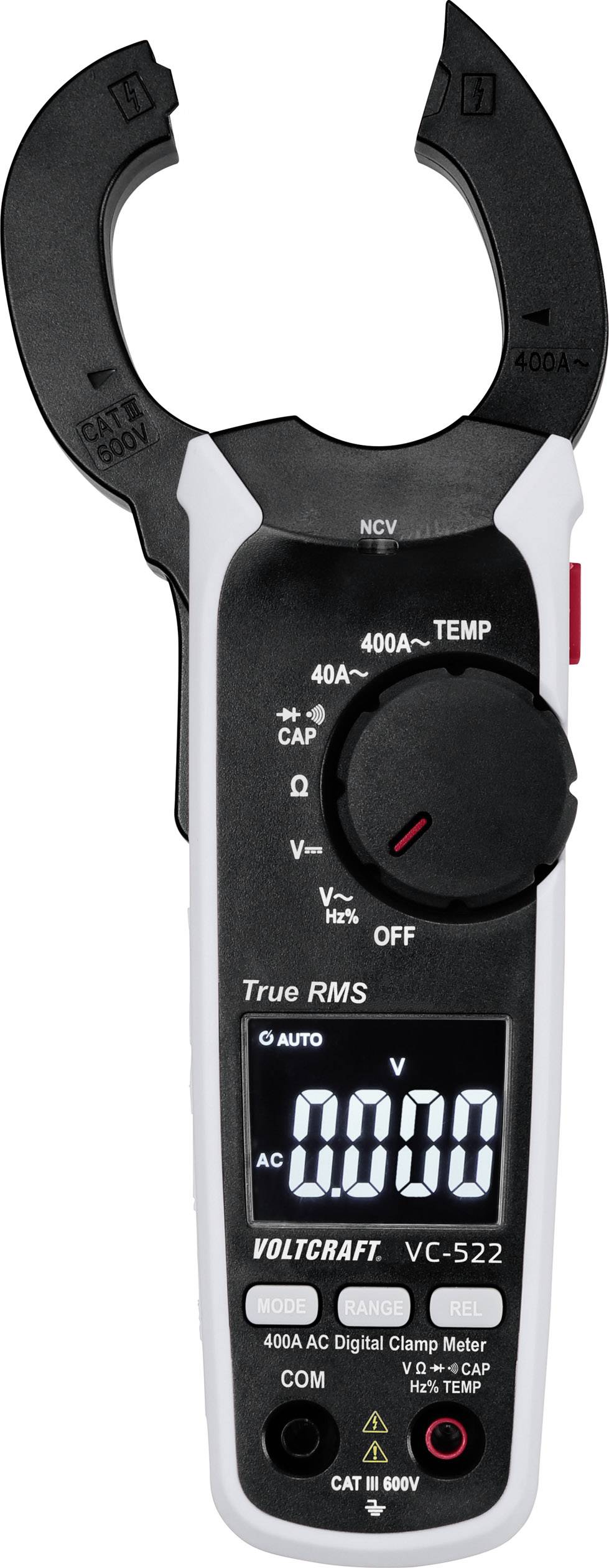 Digitales Zangenmultimeter mit Display, zeigt 0.000 an. Markenname 'Voltcraft VC-522'. Funktionen: AC, DC, True RMS, Temperatur.
