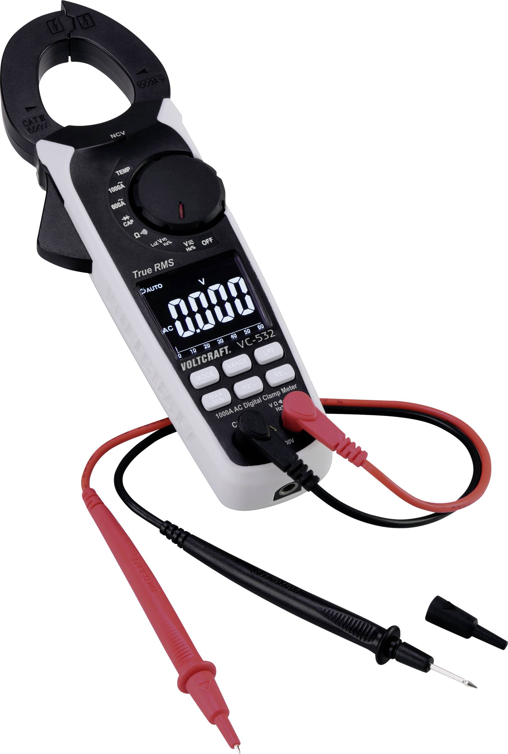 Ein digitales Zangenmultimeter liegt auf einem Tisch. Es zeigt '0.000' auf dem Display. Zwei Messkabel sind vorne angeschlossen.