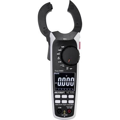 Ein elektronisches Zangenmultimeter zeigt '0.00 AC' auf dem Display an. Es hat verschiedene Messfunktionen zur Spannungs- und Strommessung.