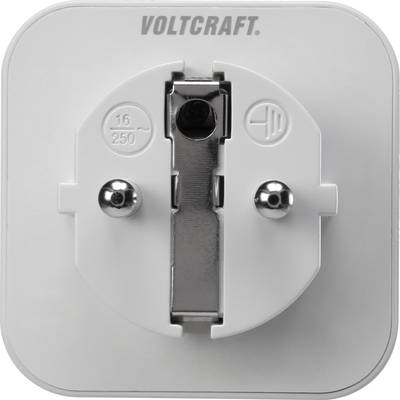 Weiße Steckdose mit zwei runden Metallstiften und einem Erdungskontakt. Oben steht 'Voltcraft'.