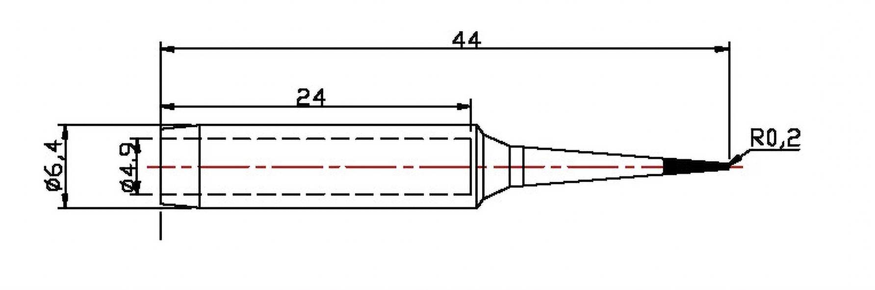 'Technische Zeichnung eines zylindrischen Werkzeugs mit Spitzenende. Maße: Länge 44 mm, Breite 6,4 mm, Spitze R0,2 mm.'