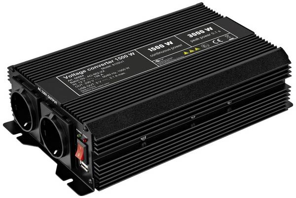 Goobay 58884 12V auf 230V Spannungswandler, DC AC Wandler 1500W, Kfz Autobatterie Anschluss Batteriekabel, USB Buchse
