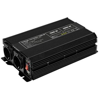Ein schwarzer Spannungswandler mit zwei Steckdosen und einem Schalter. Beschriftung zeigt Kapazität von 1500 W.