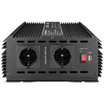 Zwei schwarze Steckdosen und ein USB-Port an der Vorderseite eines Wechselrichters, mit Beschriftung 'AC 230V OUTPUT'.