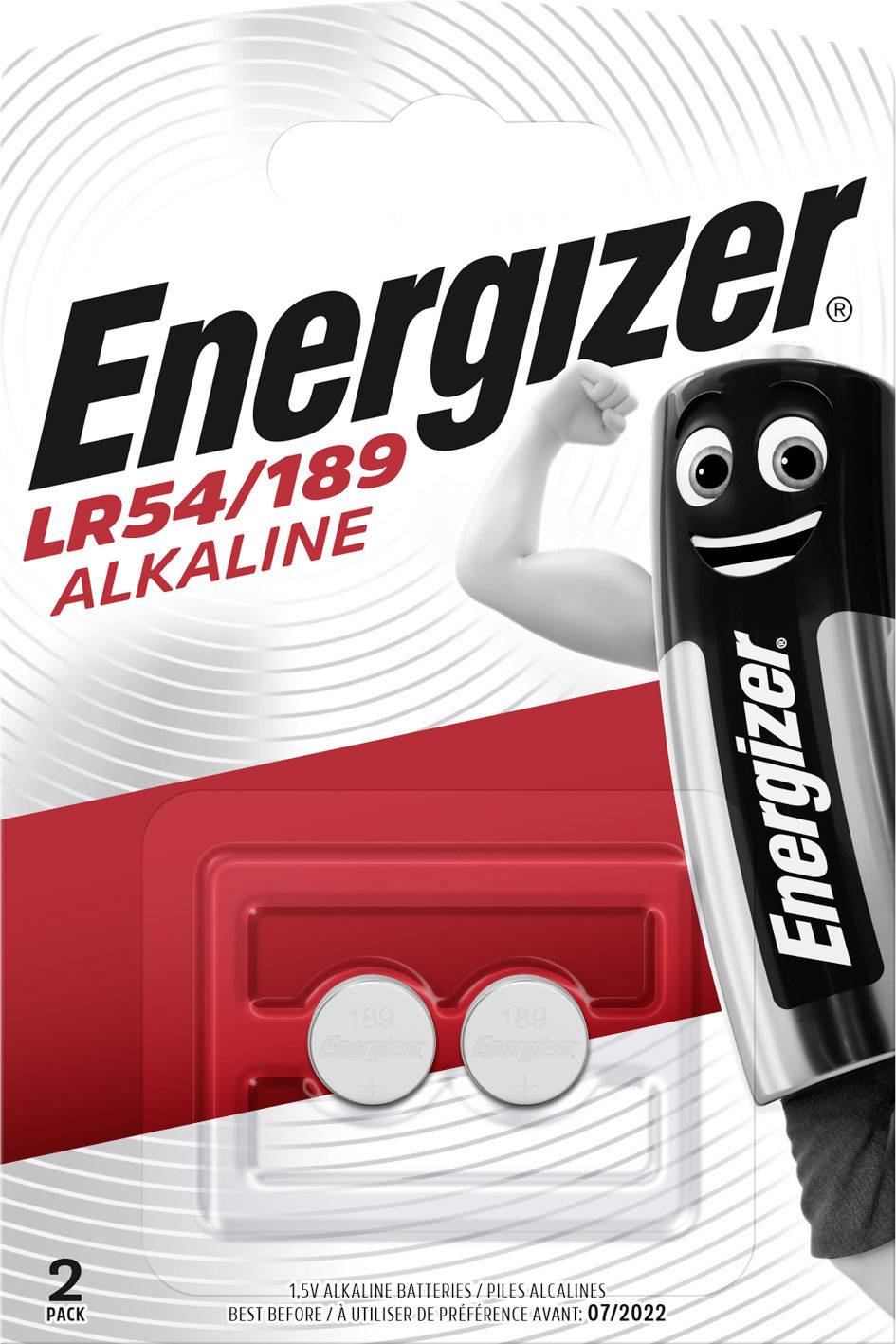Verpackung zweier LR54/189 Alkaline-Batterien von Energizer, mit gezeichnetem Batteriemaskottchen.