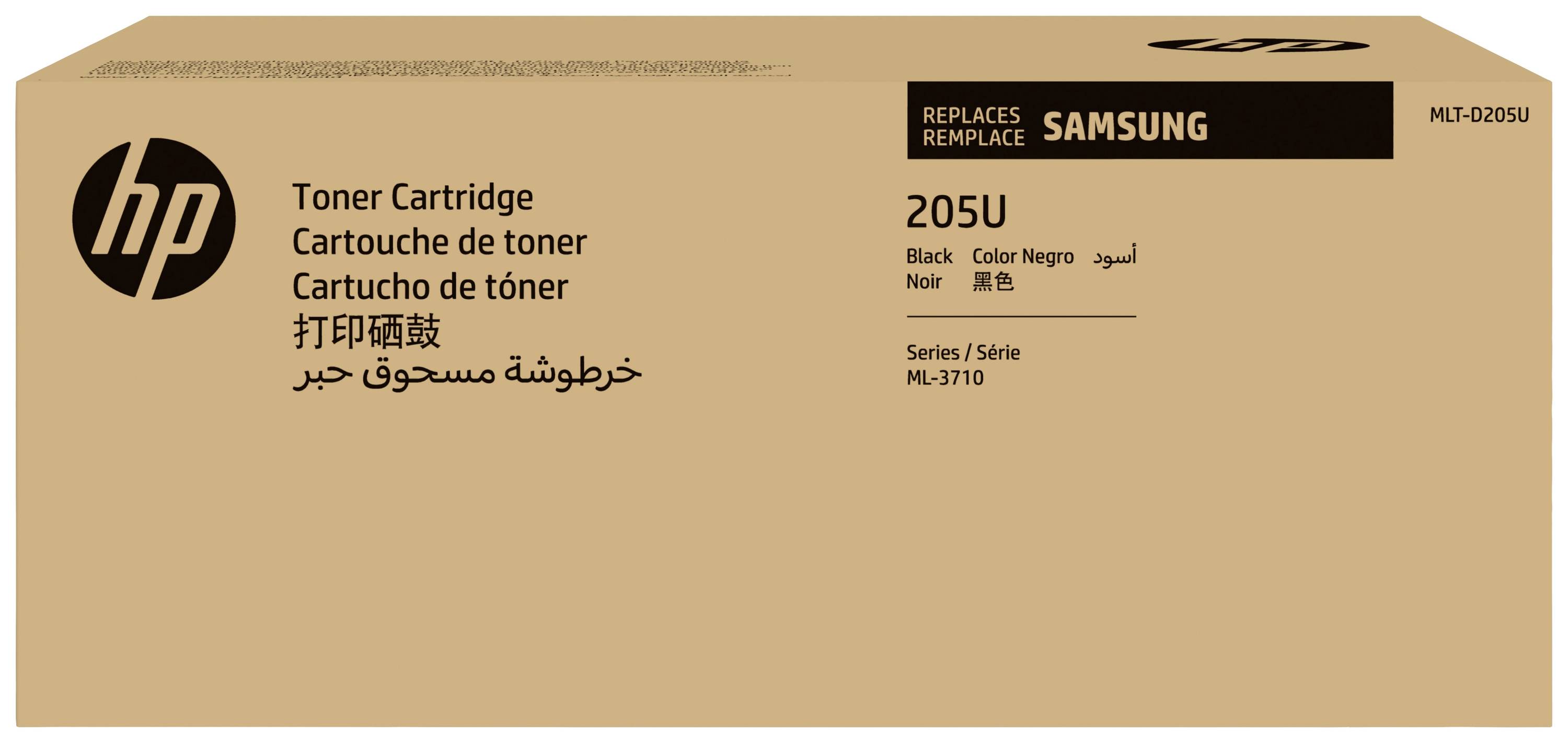 Braune Kartonverpackung mit der Aufschrift 'Toner Cartridge' und den Markenlogos von HP und Samsung. Geeignet für Samsung-Serie ML-3710.