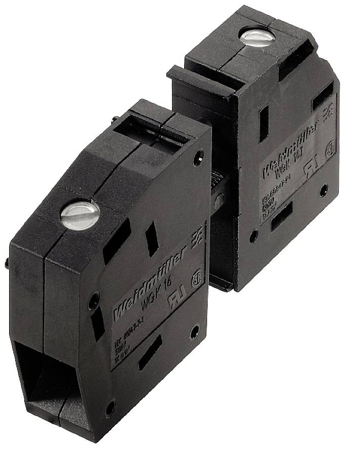 Zwei schwarze elektrische Klemmen nebeneinander, jeweils mit silberner Schraube oben. Geeignet für elektrische Verbindungen.