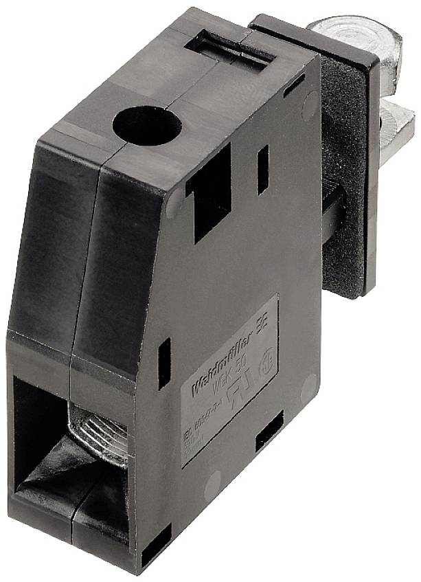 Schwarzer Sicherungsblock, seitlich montiert, mit metallischen Anschlüssen. Eignet sich zur Absicherung von elektrischen Schaltkreisen.