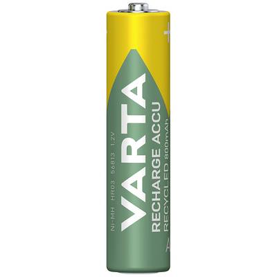 Eine grün-gelbe VARTA wiederaufladbare Batterie mit 800mAh Kapazität und 1,2V.