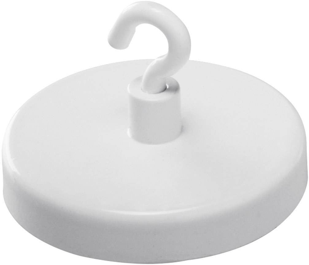 Runder, weißer Magnet mit Haken.