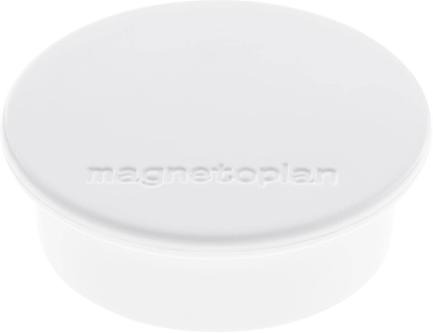 Weiße Plastikdose mit der Prägung 'magnetoplan' auf dem Deckel.
