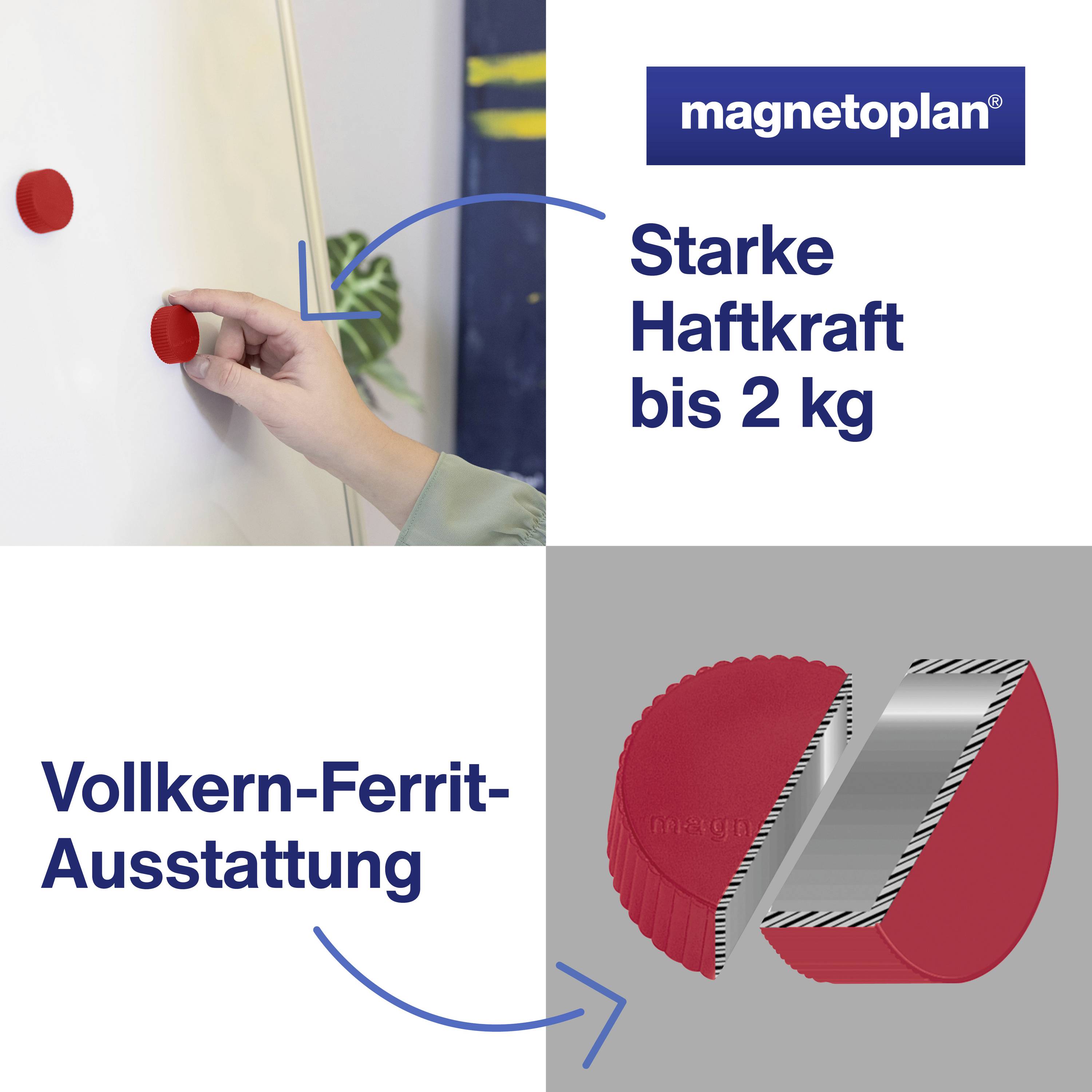 Rote Magneten am Whiteboard und Querschnitt eines Magneten. Text: 'magnetoplan', 'Starke Haftkraft bis 2 kg', 'Vollkern-Ferrit-Ausstattung'.