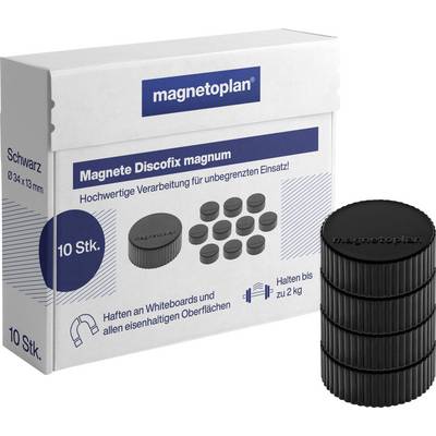 Verpackung von 'Magnete Disofix magnum'. Enthält 10 schwarze Magnete, je 34x13mm. Geeignet für Whiteboards und Metalloberflächen, hält bis zu 2kg.