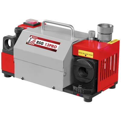 Schleifmaschine, Modell 'Holtmann BSG 13PRO', grau-rot, mit Griff und Aufschrift 'Grind the point angle'.
