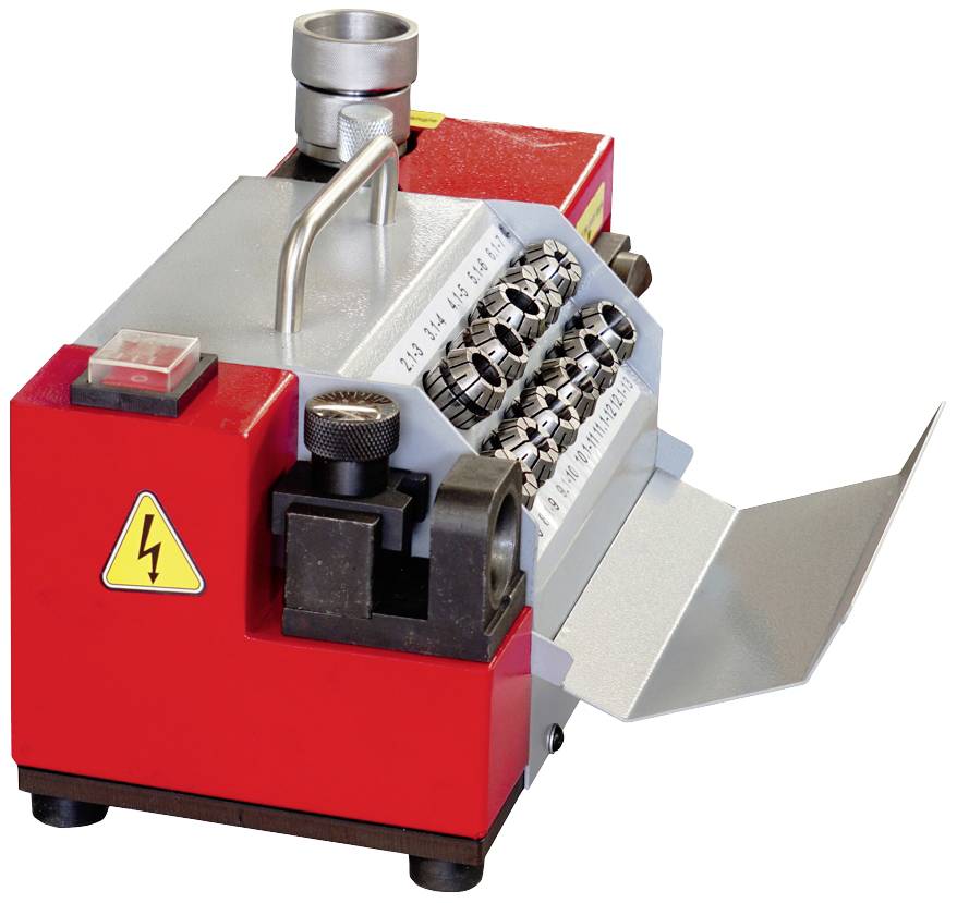 Eine rote Maschine zur Kabelbearbeitung mit gelbem Warnsymbol, mehreren Düsenrollen und einem herausragenden Metallblech.