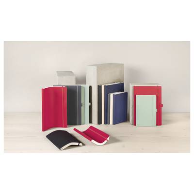 Sammlung farbenfroher Notizbücher und Hefte, die auf einem hellen Regal angeordnet sind, wobei mehrere aufrecht stehen und zwei offen davor liegen.