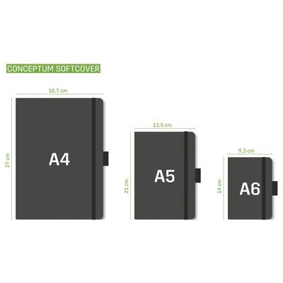 Diagramm zum Vergleich der Conceptum Softcover-Notizblöcke in den Größen A4, A5 und A6 mit Abmessungen in cm: 18,7 x 27, 13,5 x 21 und 9,3 x 14.