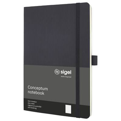 Schwarzes Sigel Conceptum Notizbuch mit Gummibandverschluss und liniertem Einband, frontal gezeigt mit „work inspired" Branding.