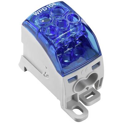 Ein elektrischer Verteilerblock mit blauer Abdeckung, Modellnummer 'WPD104', für den sicheren Anschluss von Drähten in Installationen.