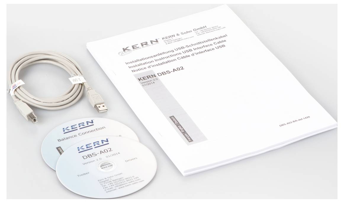 Handbuch 'KERN DBS-A02' zusammen mit zwei CDs 'Balance Connection' und einem USB-Kabel. Zubehör für ein technisches Gerät.