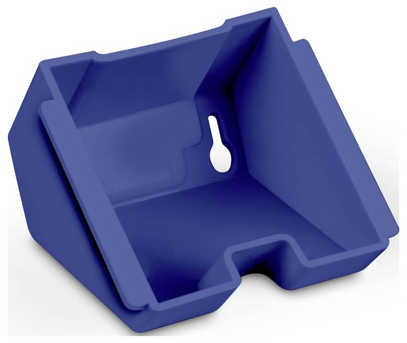 Blauer Kunststoffbehälter geometrischer Form mit seitlichem Haken.