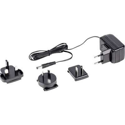 Ein schwarzes Netzteil mit abnehmbarem Kabel und drei verschiedenen Steckadaptern für internationale Steckdosen.