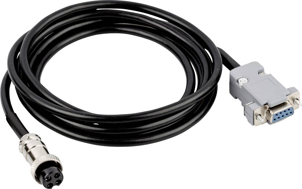 Schwarzes Kabel mit einem runden Stecker auf der einen Seite und einem DB9-Seriell-Stecker auf der anderen Seite.